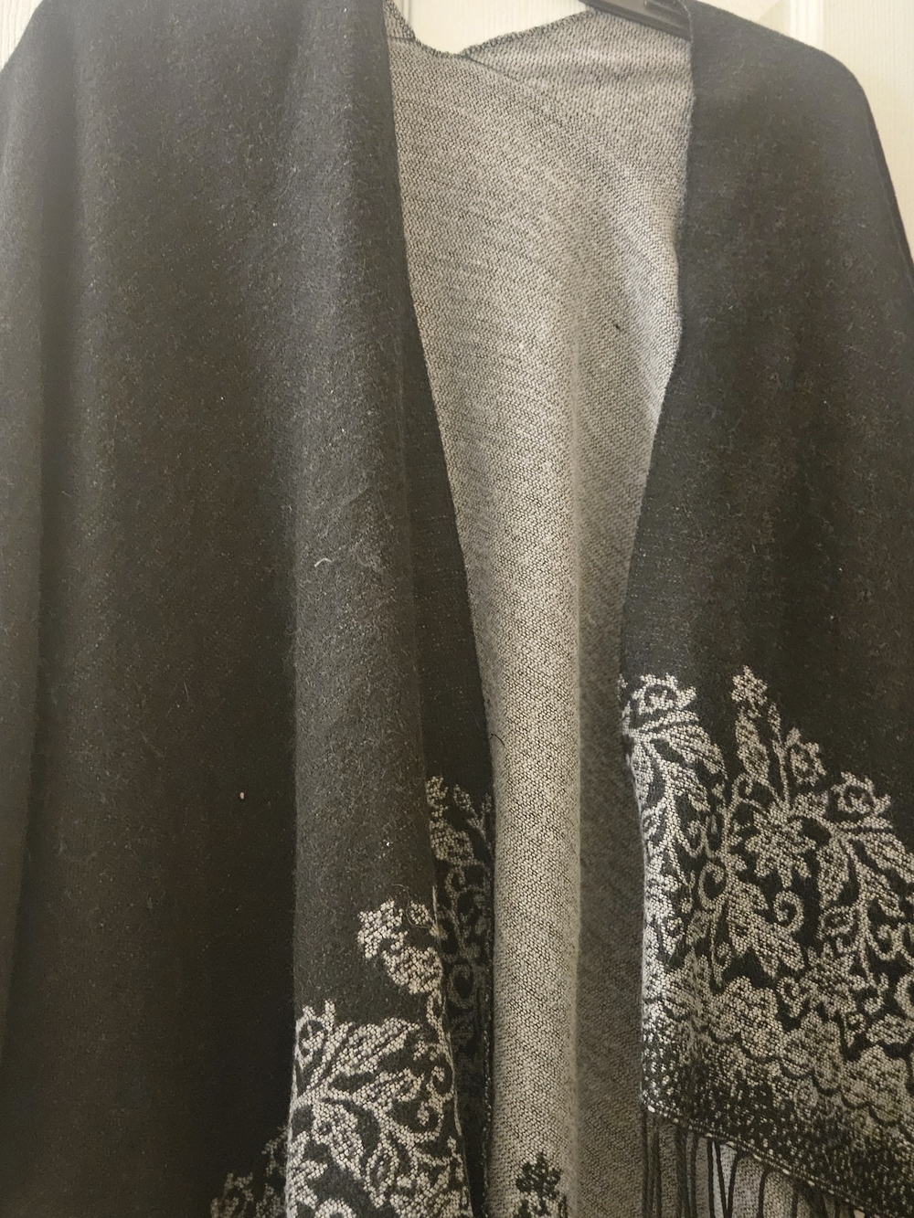 Black Grey Versatile Floral-Trim Open Shawl Poncho Cape with Boho Hippie Fringe - Picture 10 of 11